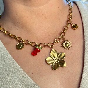 Gold Charm Necklace with Red Accents